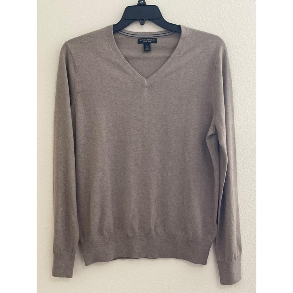 Banana Republic Luxury Blend Silk Cotton Cashmere V-Neck Sweater Mens L Taupe